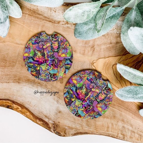 Toe Dye Cat Car Coaster Set |  Cat Coaster Set | Cat Car Accessories | Cat Mom - Picture 1 of 9